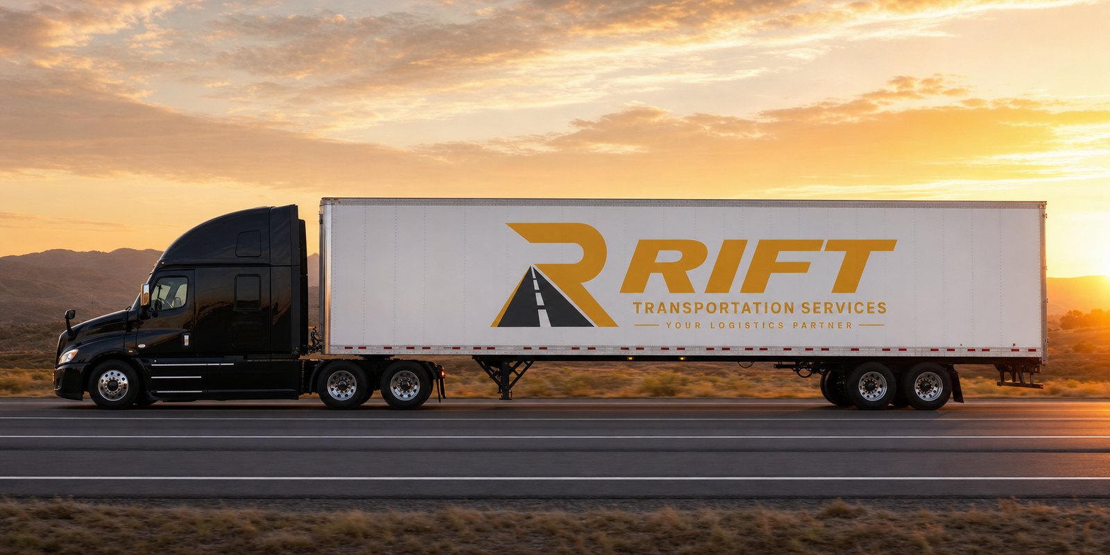 Semi tractor-trailer at sunset